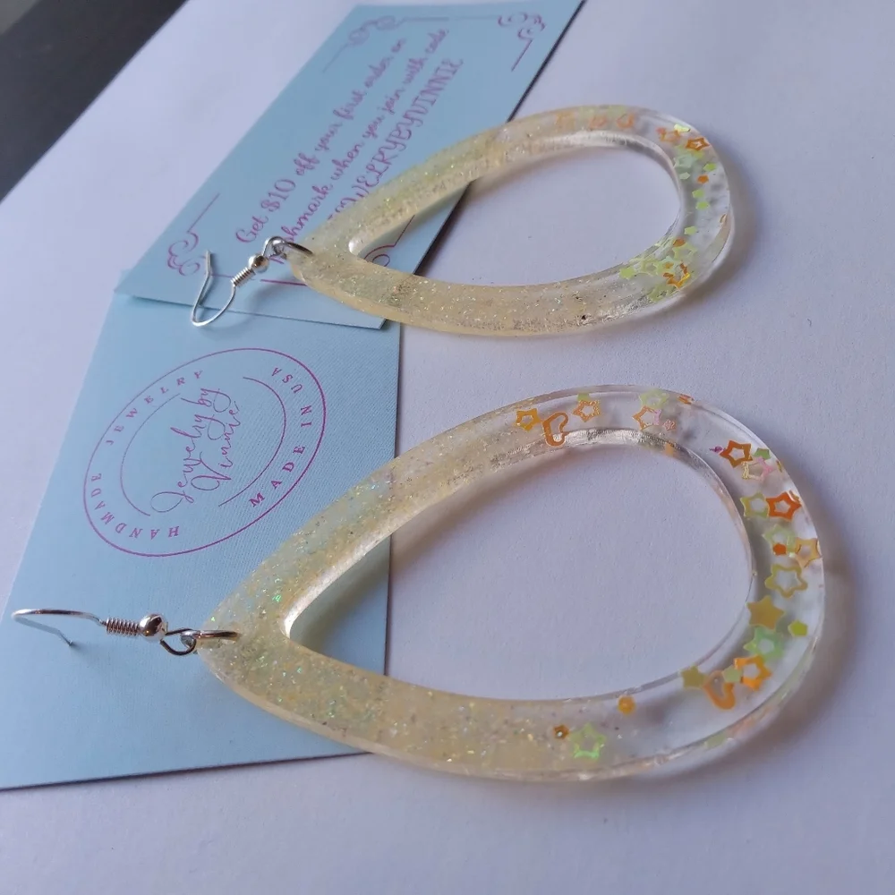 Hand Crafted Glittering Teardrop Earrings - Gold and Orange - Picture 4 of 7